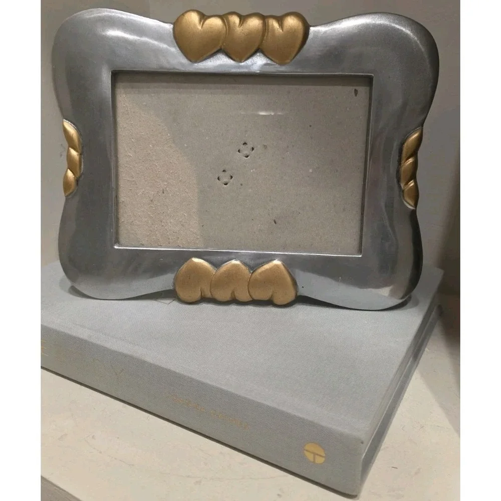 VTG 90s Pewter Silver Gold Heart Photo Picture Frame Postmodern Art Deco 4x6